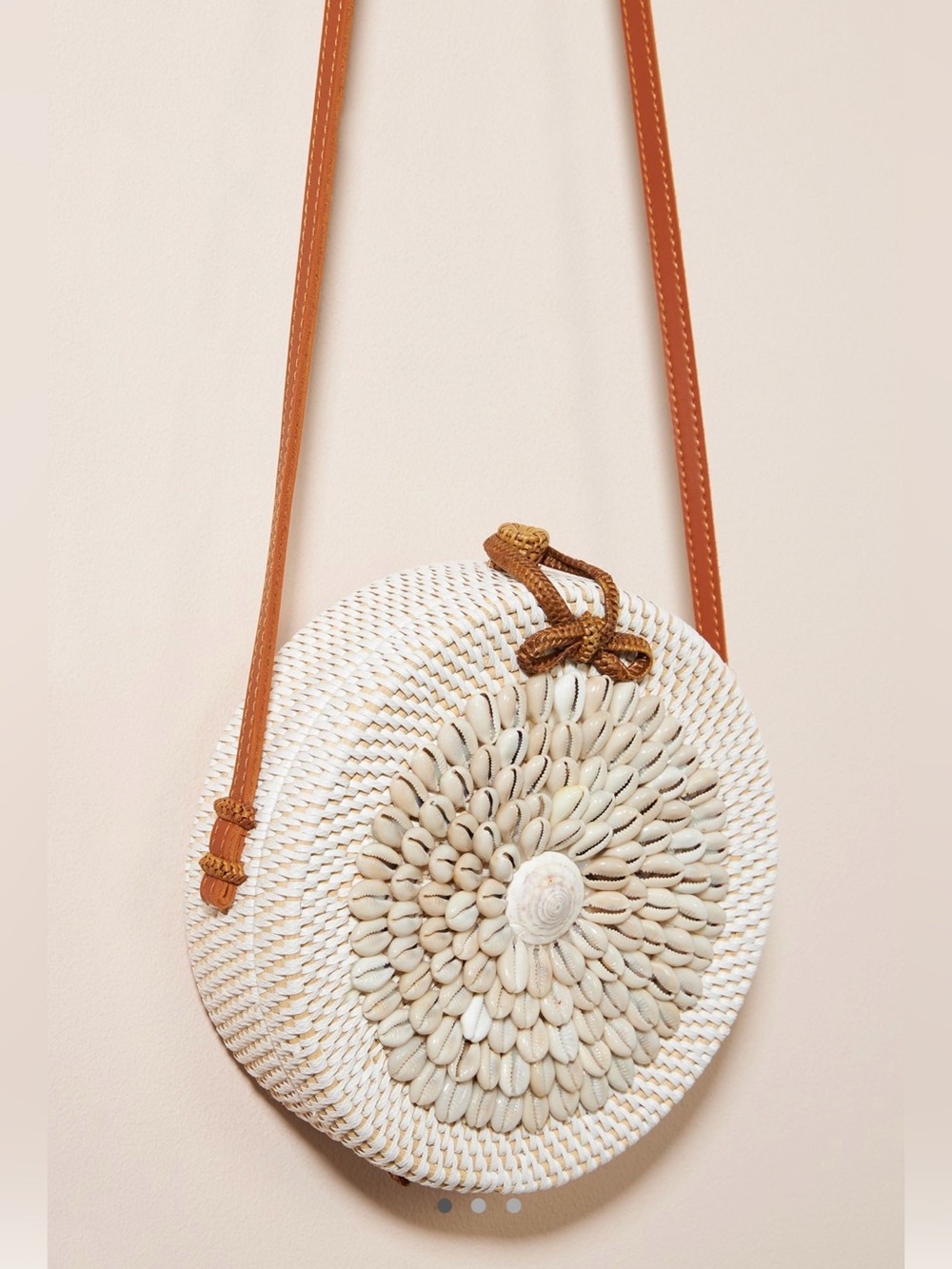 Anthropologie Shell Embellished Rattan Woven Round Straw Bag